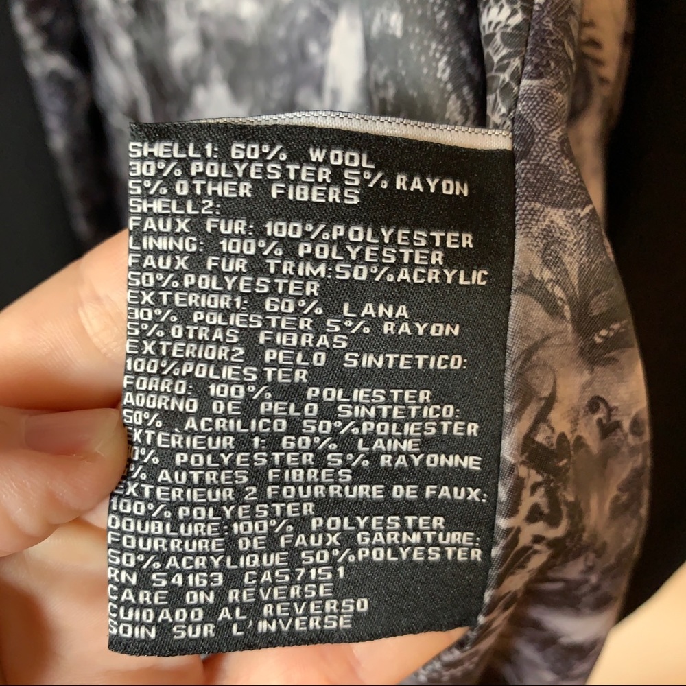 Black faux fur asymmetric moto jacket style wool winter coat overcoat - Picture 9 of 11